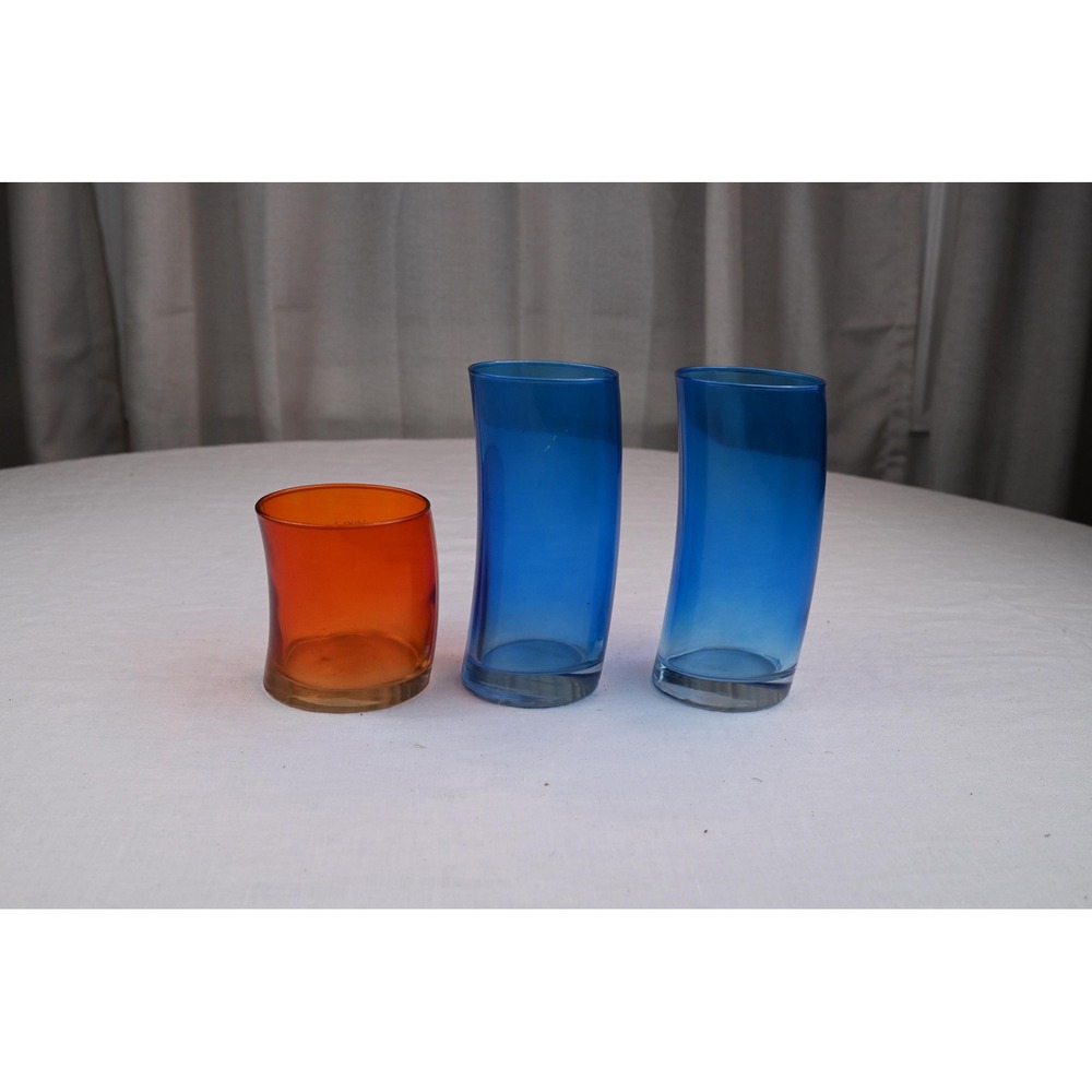 Vintage Leonardo Swing Mid Century Curved Glasses Set of 3 Blue Orange MCM